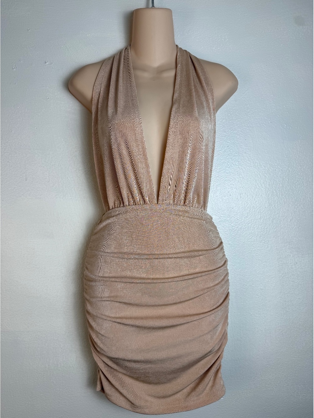 SHEIN Nude Ruched Bodycon Mini Dress Plunging Halter Backless XS/S